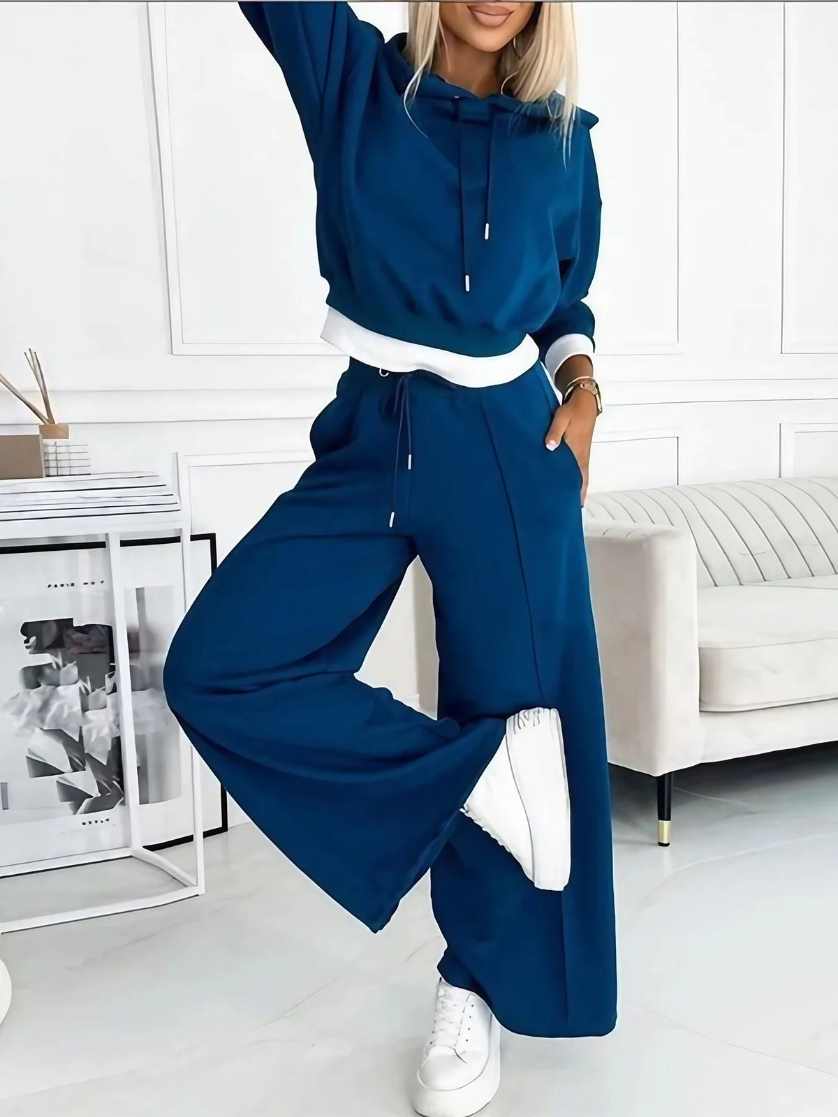 Ensemble femme ample, haut à manches courtes et pantalon, bleu