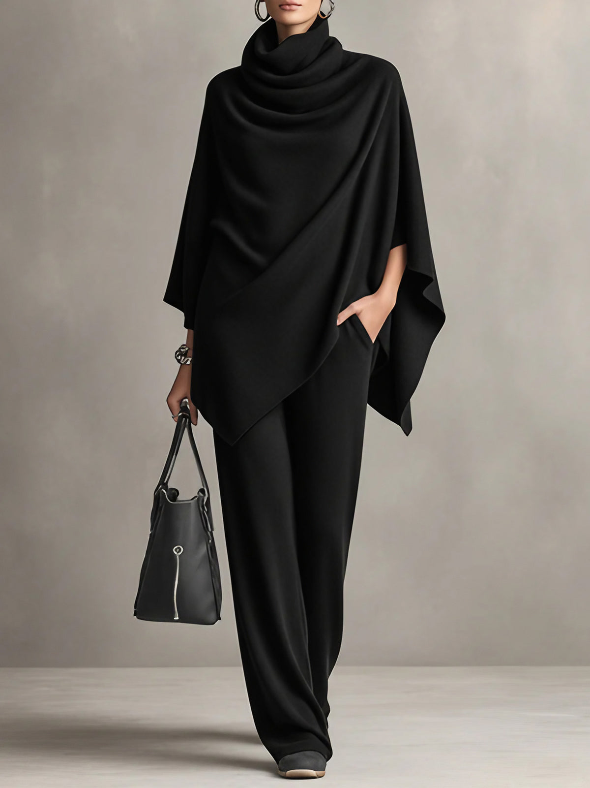 Ensemble femme haut drapé et pantalon large, du M au 3XL, noir