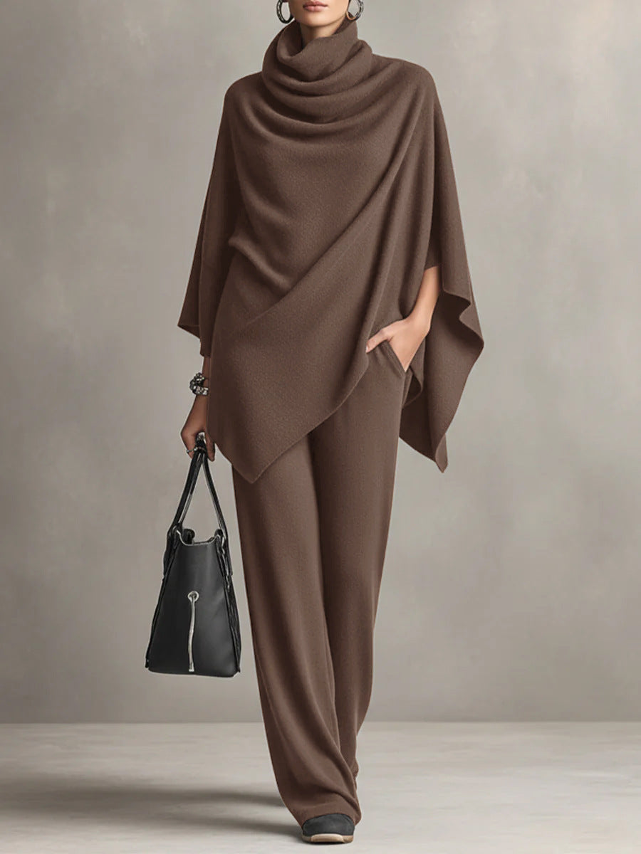 Ensemble femme haut drapé et pantalon large, du M au 3XL, brun