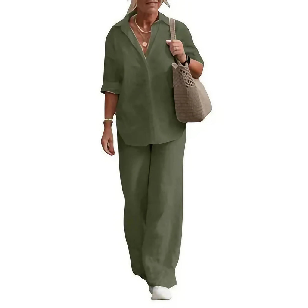 Ensemble d'été femme, chemise manches courtes et pantalon large, vert foncé