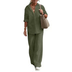 Ensemble d'été femme, chemise manches courtes et pantalon large, vert foncé