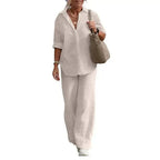 Ensemble d'été femme, chemise manches courtes et pantalon large, abricot