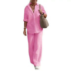 Ensemble d'été femme, chemise manches courtes et pantalon large, rose