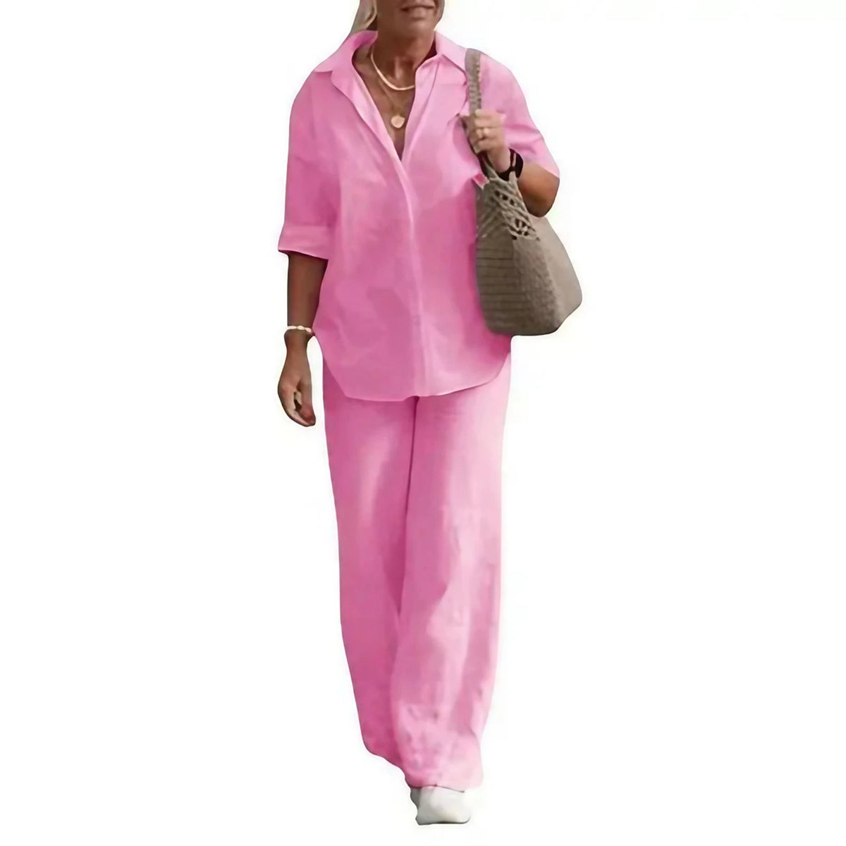 Ensemble d'été femme, chemise manches courtes et pantalon large, rose