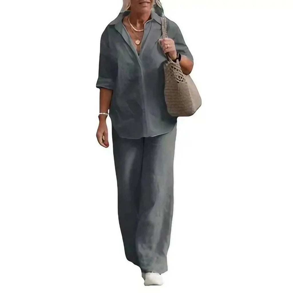 Ensemble d'été femme, chemise manches courtes et pantalon large, gris