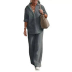 Ensemble d'été femme, chemise manches courtes et pantalon large, gris
