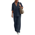 Ensemble d'été femme, chemise manches courtes et pantalon large, bleu marine