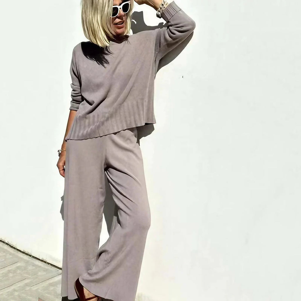 Ensemble deux pièces femme, pull oversize et pantalon élastique, gris