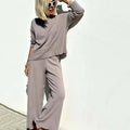 Ensemble deux pièces femme, pull oversize et pantalon élastique, gris