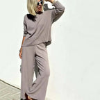 Ensemble deux pièces femme, pull oversize et pantalon élastique, gris