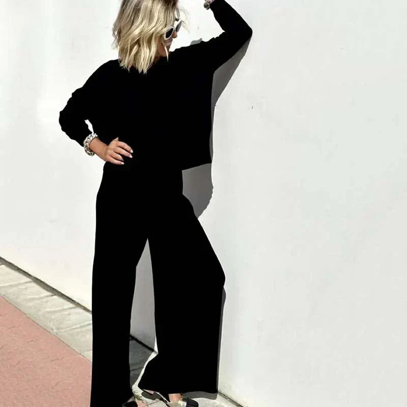 Ensemble deux pièces femme, pull oversize et pantalon élastique, noir