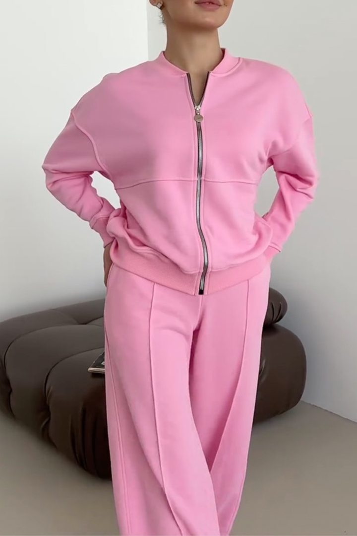Ensemble jogging femme, sweat zippé oversize et pantalon, rose