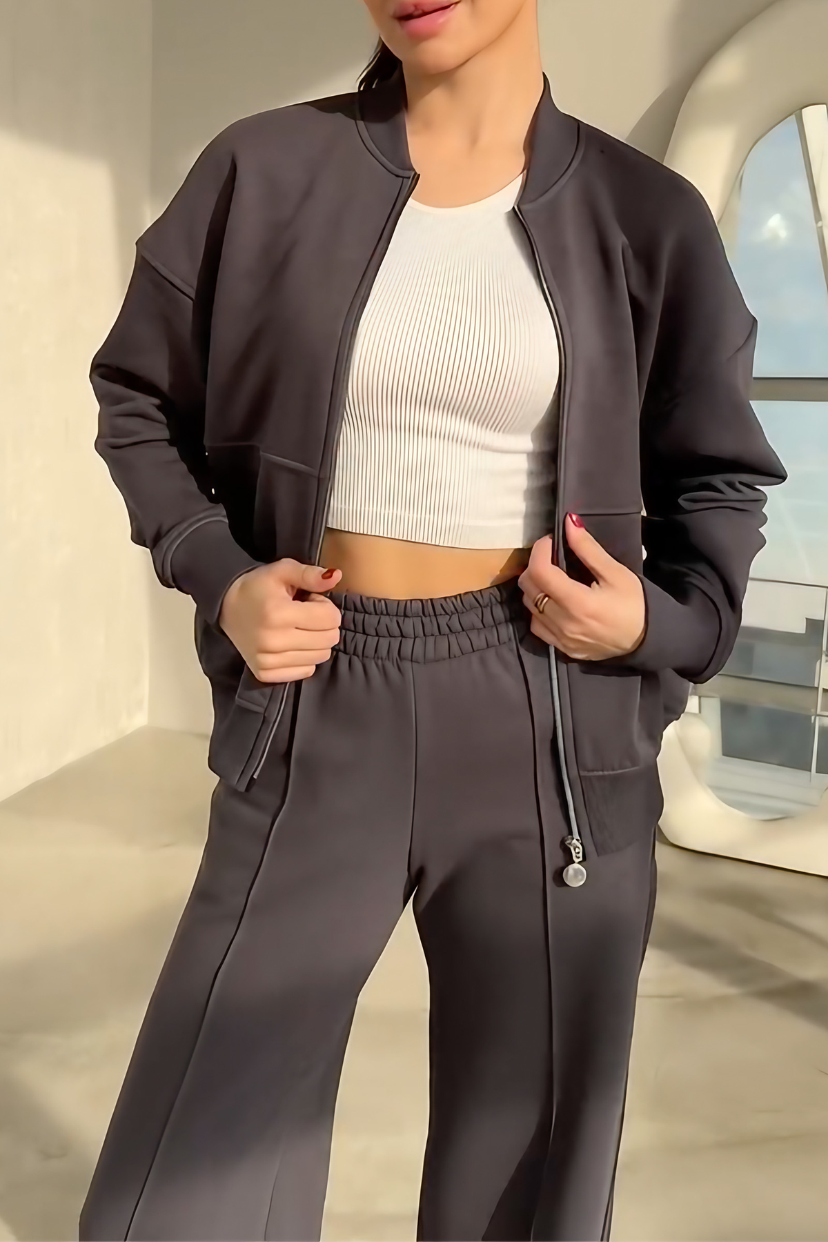 Ensemble jogging femme, sweat zippé oversize et pantalon, gris foncé