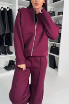 Ensemble jogging femme, sweat zippé oversize et pantalon, rouge vin