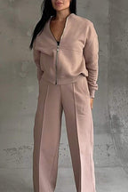 Ensemble jogging femme, sweat zippé oversize et pantalon, brun