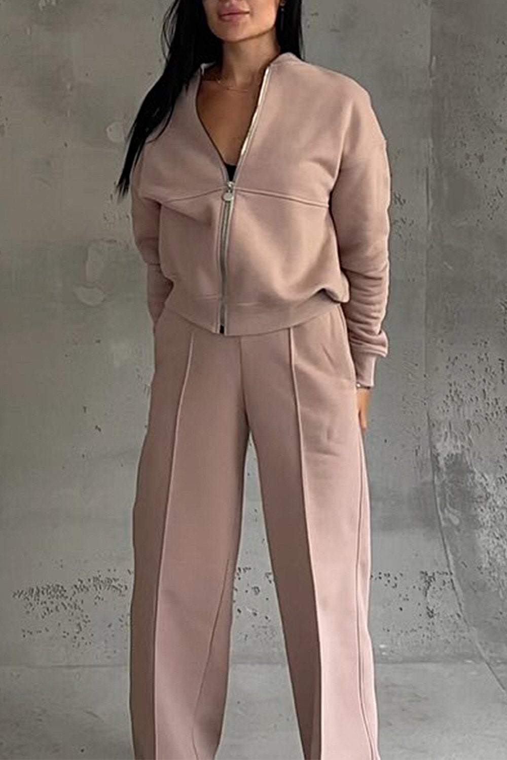 Ensemble jogging femme, sweat zippé oversize et pantalon, brun