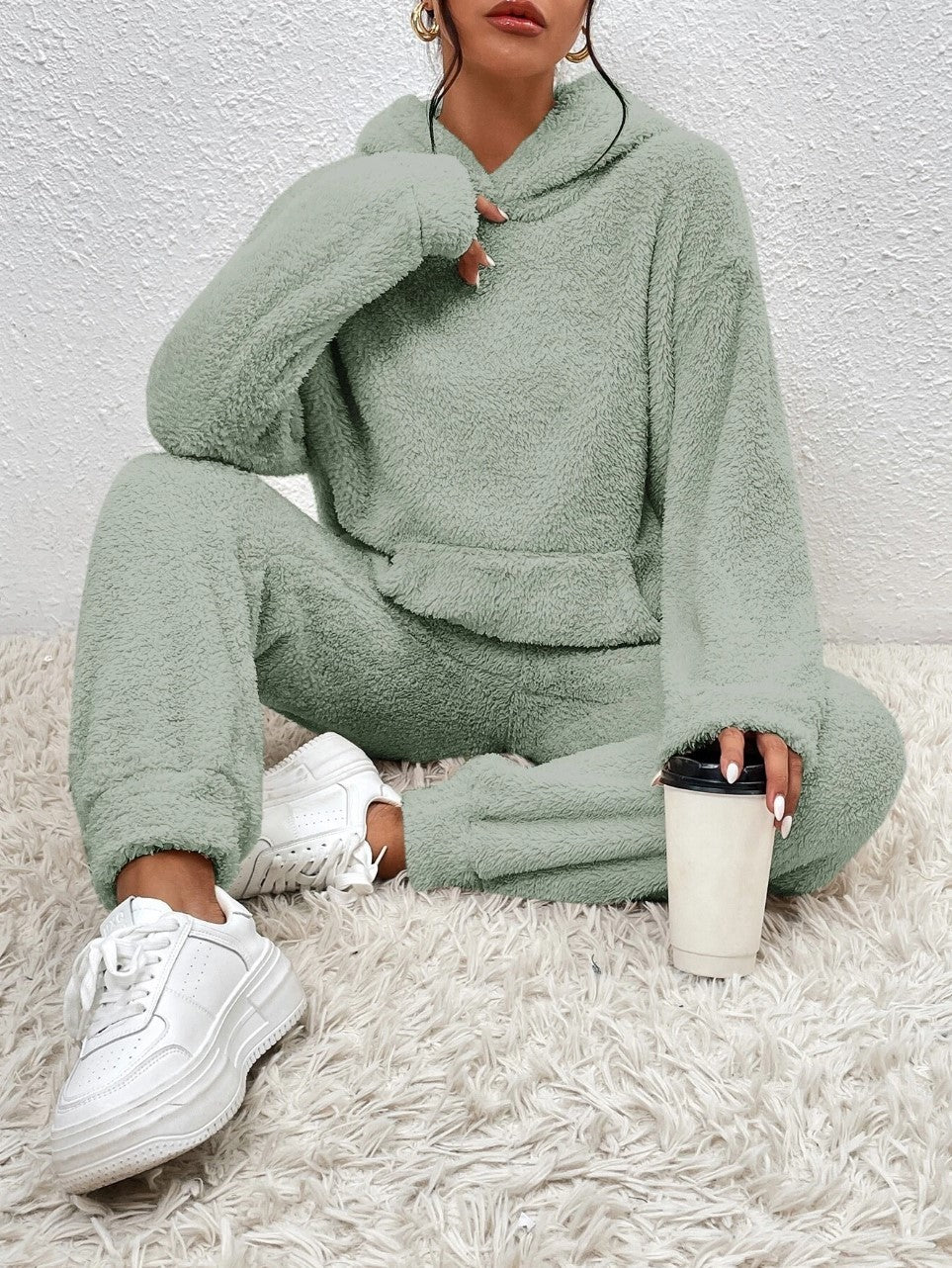 Ensemble sweat à capuche et jogging femme, coupe ample, vert clair