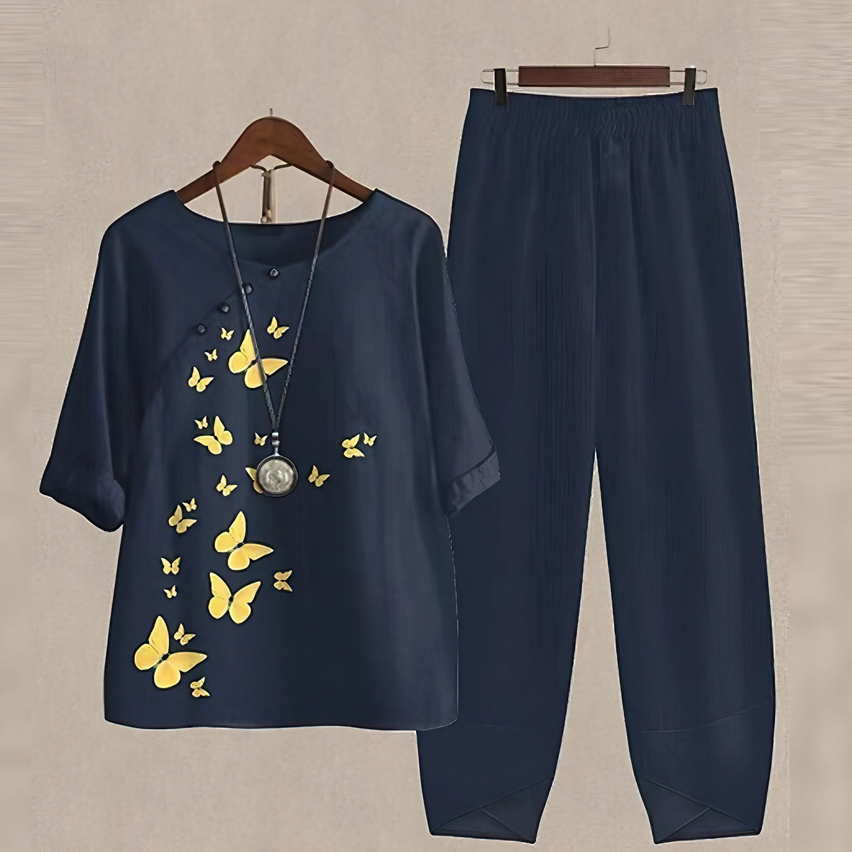 Ensemble deux pièces femme imprimé, haut et pantalon, S au 5XL, bleu foncé