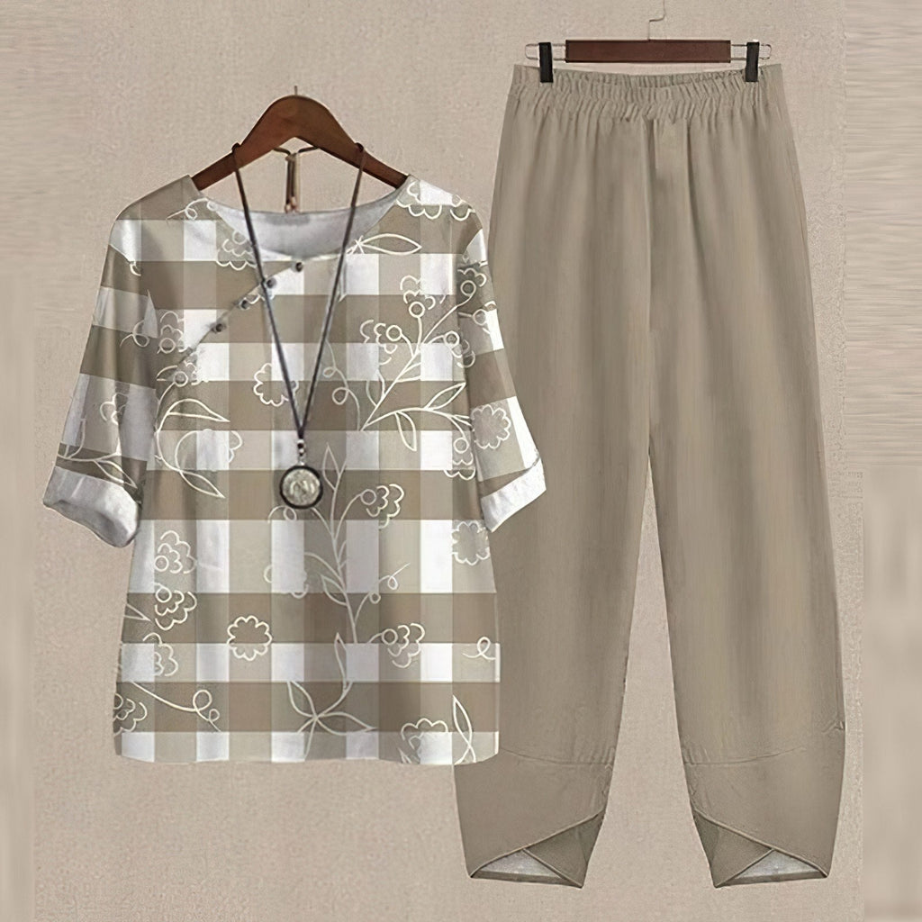 Ensemble deux pièces femme imprimé, haut et pantalon, S au 5XL, kaki