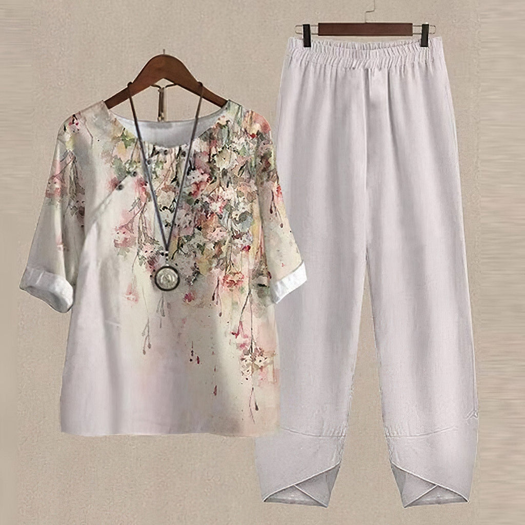 Ensemble deux pièces femme imprimé, haut et pantalon, S au 5XL, blanc