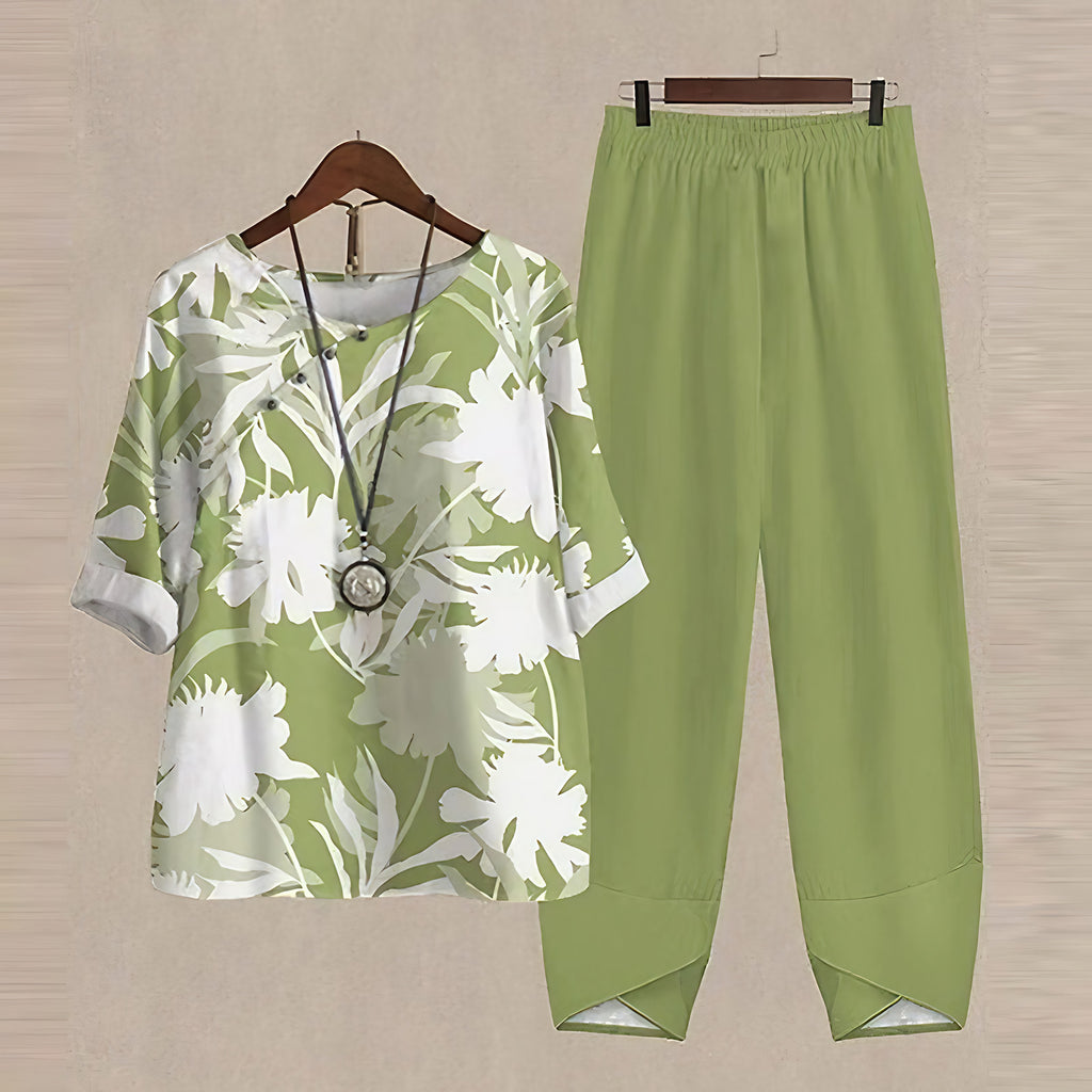 Ensemble deux pièces femme imprimé, haut et pantalon, S au 5XL, vert