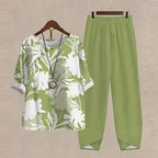 Ensemble deux pièces femme imprimé, haut et pantalon, S au 5XL, vert