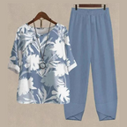 Ensemble deux pièces femme imprimé, haut et pantalon, S au 5XL, bleu clair