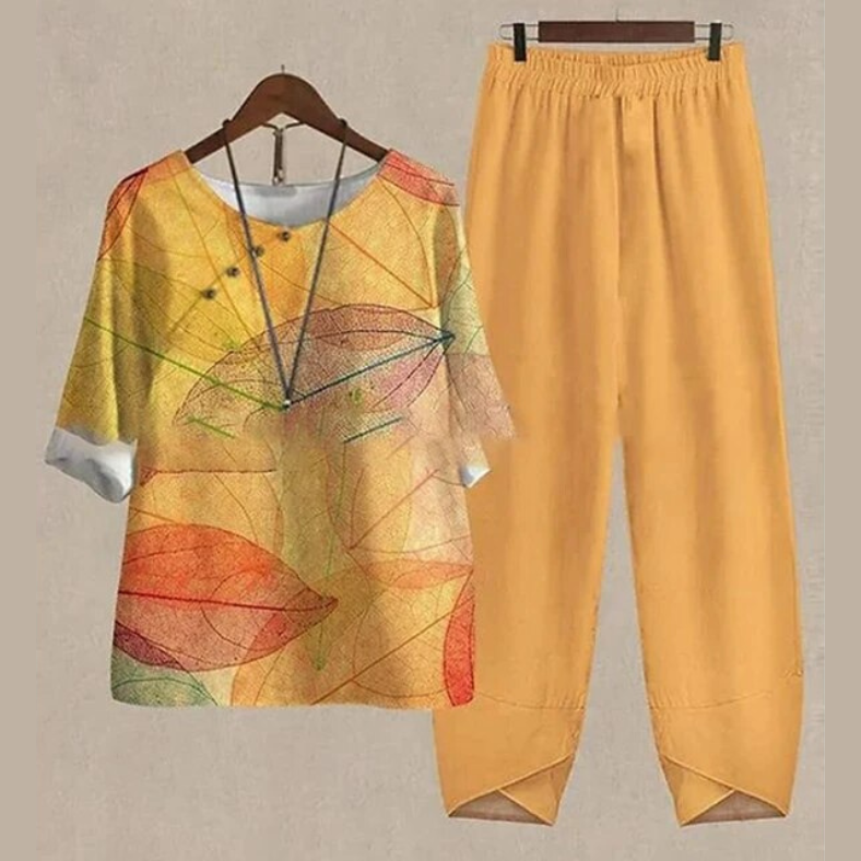 Ensemble deux pièces femme imprimé, haut et pantalon, S au 5XL, orange