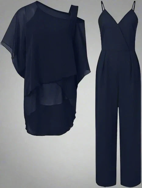 Ensemble femme combinaison pantalon et blouse à épaule asymétrique