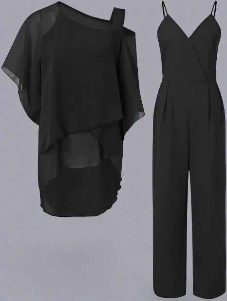 Ensemble femme combinaison pantalon et blouse à épaule asymétrique