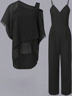 Ensemble femme combinaison pantalon et blouse à épaule asymétrique