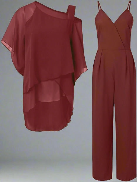 Ensemble femme combinaison pantalon et blouse à épaule asymétrique