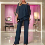 Ensemble femme combinaison pantalon et blouse à épaule asymétrique, bleu marine