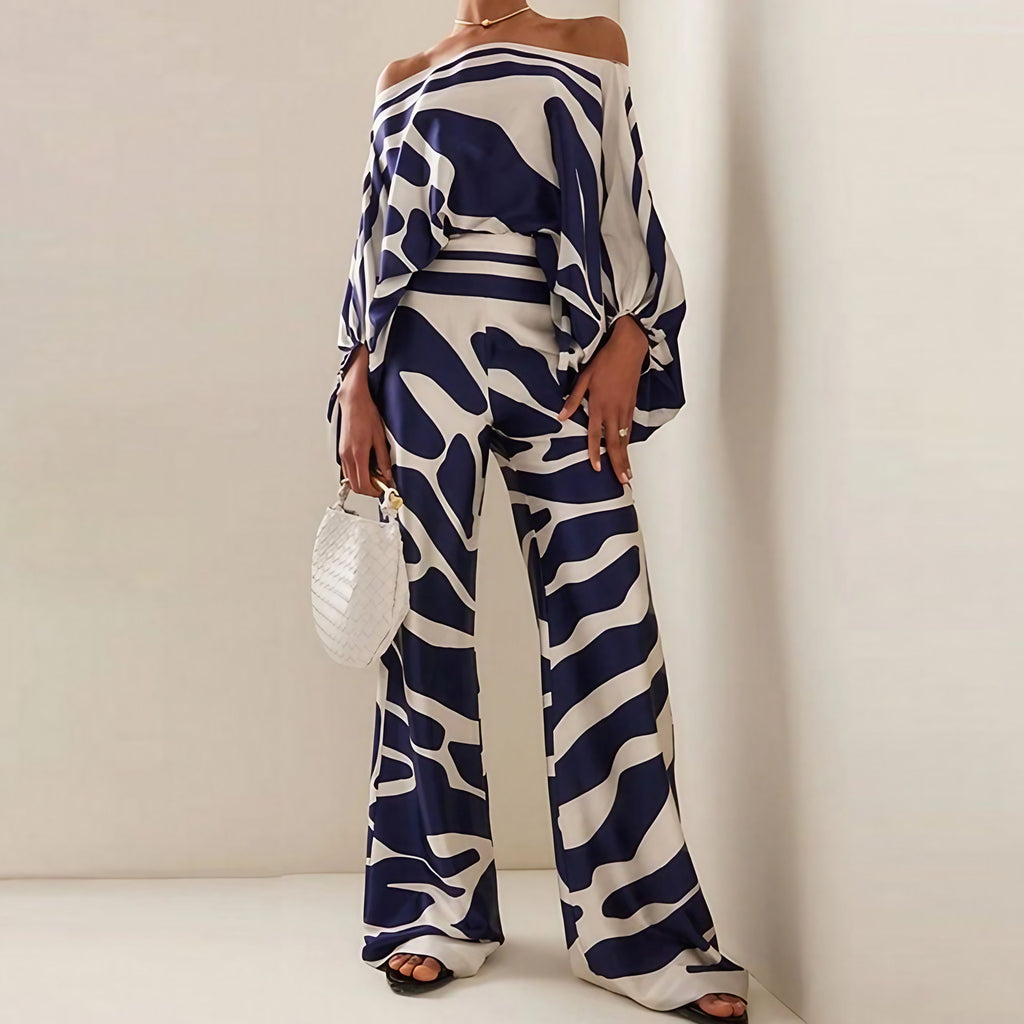 Ensemble pantalon large femme à motif effet 3D, six coloris, bleu