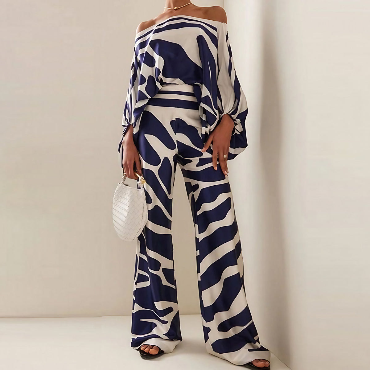 Ensemble pantalon large femme à motif effet 3D, six coloris, bleu