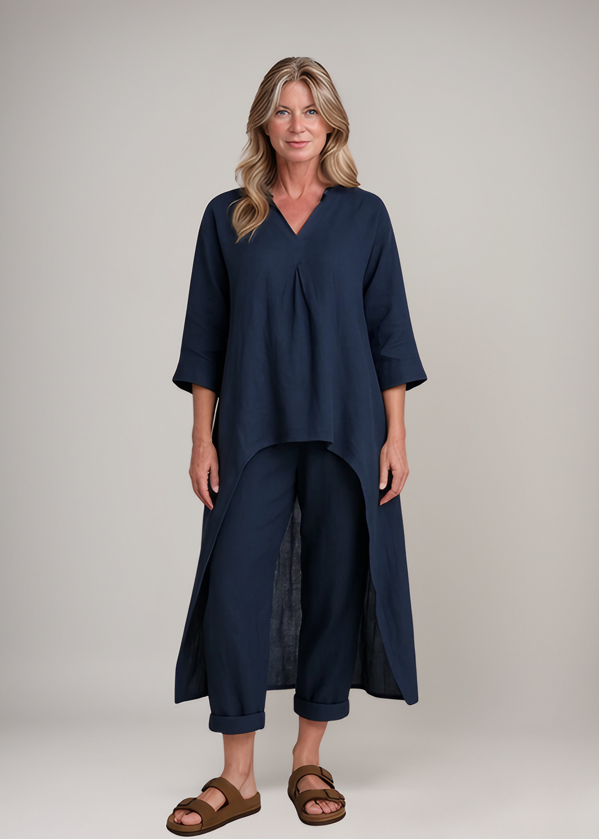 Ensemble tunique et pantalon sarouel femme en coton et lin