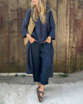 Ensemble tunique et pantalon sarouel femme en coton et lin, bleu marine