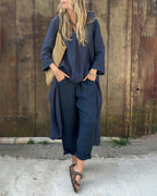 Ensemble tunique et pantalon sarouel femme en coton et lin, bleu marine
