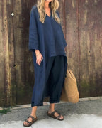 Ensemble tunique et pantalon sarouel femme en coton et lin