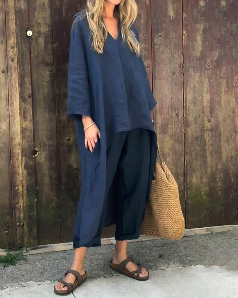 Ensemble tunique et pantalon sarouel femme en coton et lin