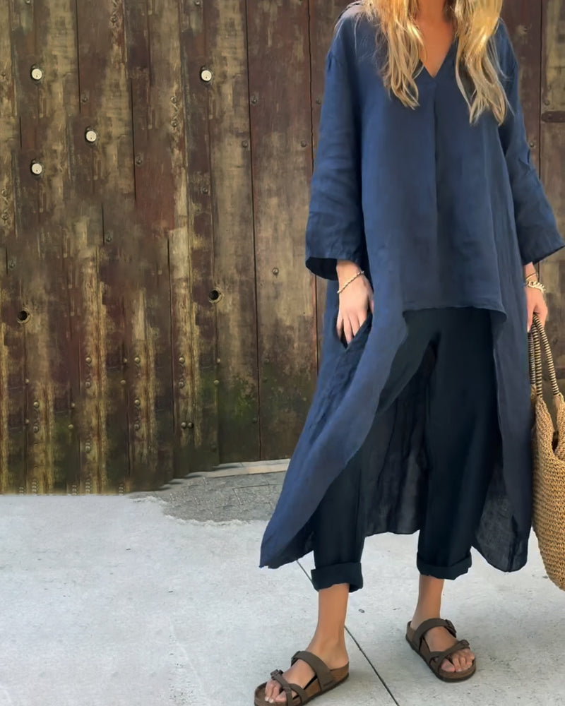 Ensemble tunique et pantalon sarouel femme en coton et lin