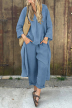 Ensemble tunique et pantalon sarouel femme en coton et lin, bleu clair