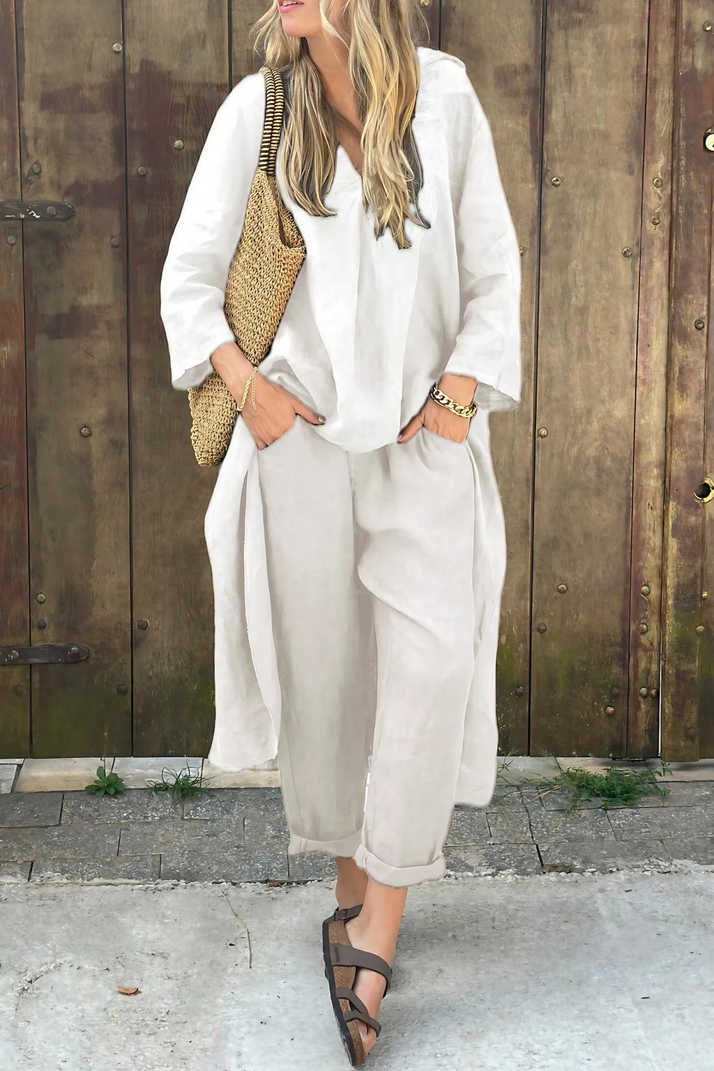 Ensemble tunique et pantalon sarouel femme en coton et lin, blanc