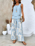 Ensemble femme haut à fleurs et pantalon assorti, six coloris, bleu