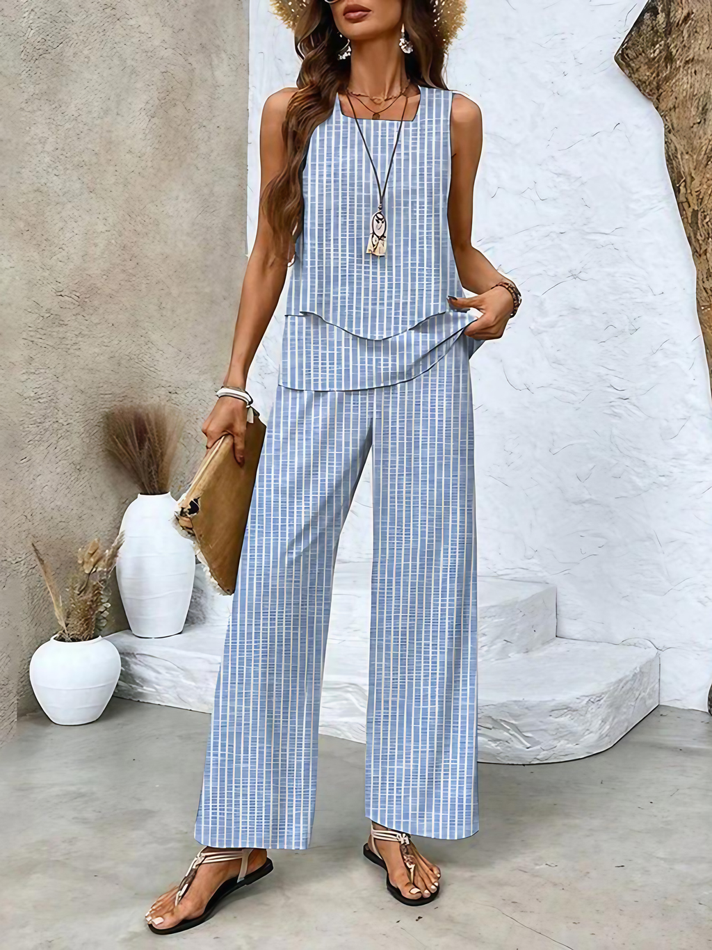 Ensemble femme haut à fleurs et pantalon assorti, six coloris, bleu clair