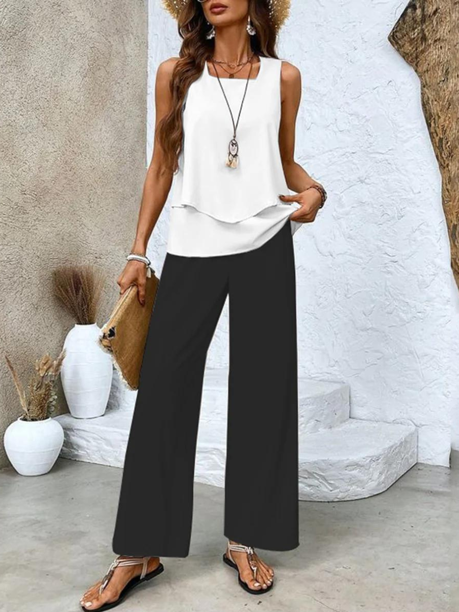 Ensemble femme haut à fleurs et pantalon assorti, six coloris, noir