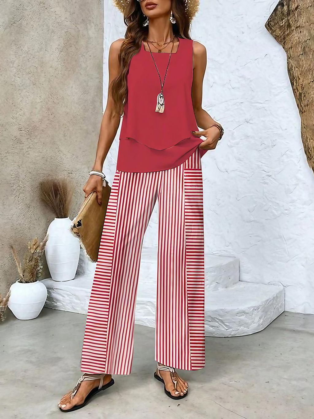 Ensemble femme haut fleuri et pantalon, du XS au 3XL, rouge