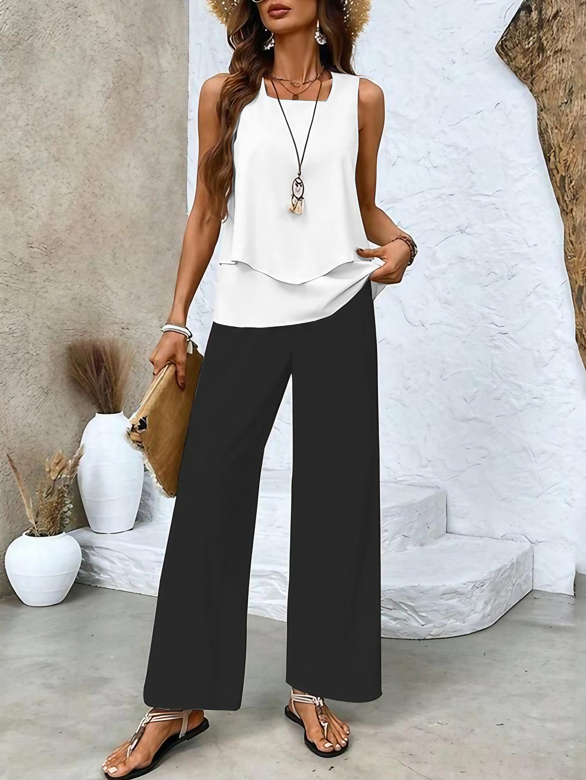 Ensemble femme haut fleuri et pantalon, du XS au 3XL, noir