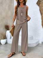 Ensemble femme haut fleuri et pantalon, du XS au 3XL, marron