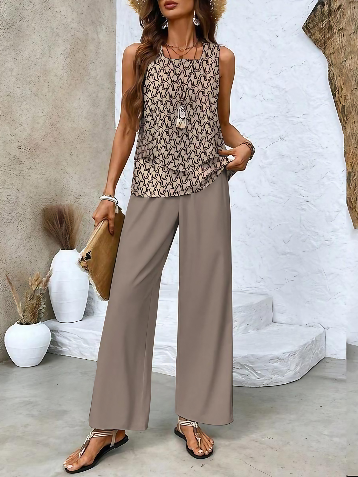 Ensemble femme haut fleuri et pantalon, du XS au 3XL, marron